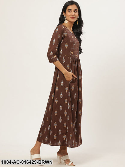 Brown Ethnic Motifs Printed Round Neck Cotton Fit and Flare Dress