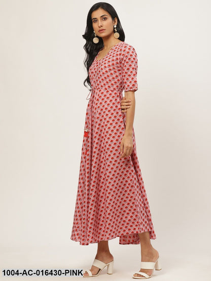 Pink Floral Printed Square Neck Cotton Fit and Flare Dress