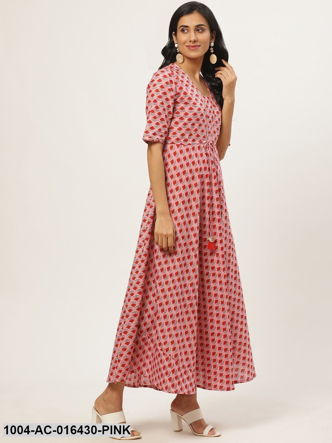 Pink Floral Printed Square Neck Cotton Fit and Flare Dress