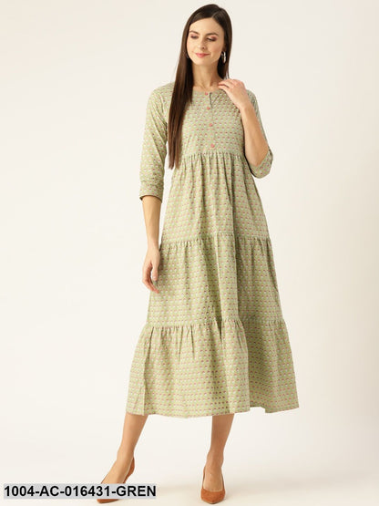 Green Ethnic Motifs Printed Round Neck Cotton Maxi Dress