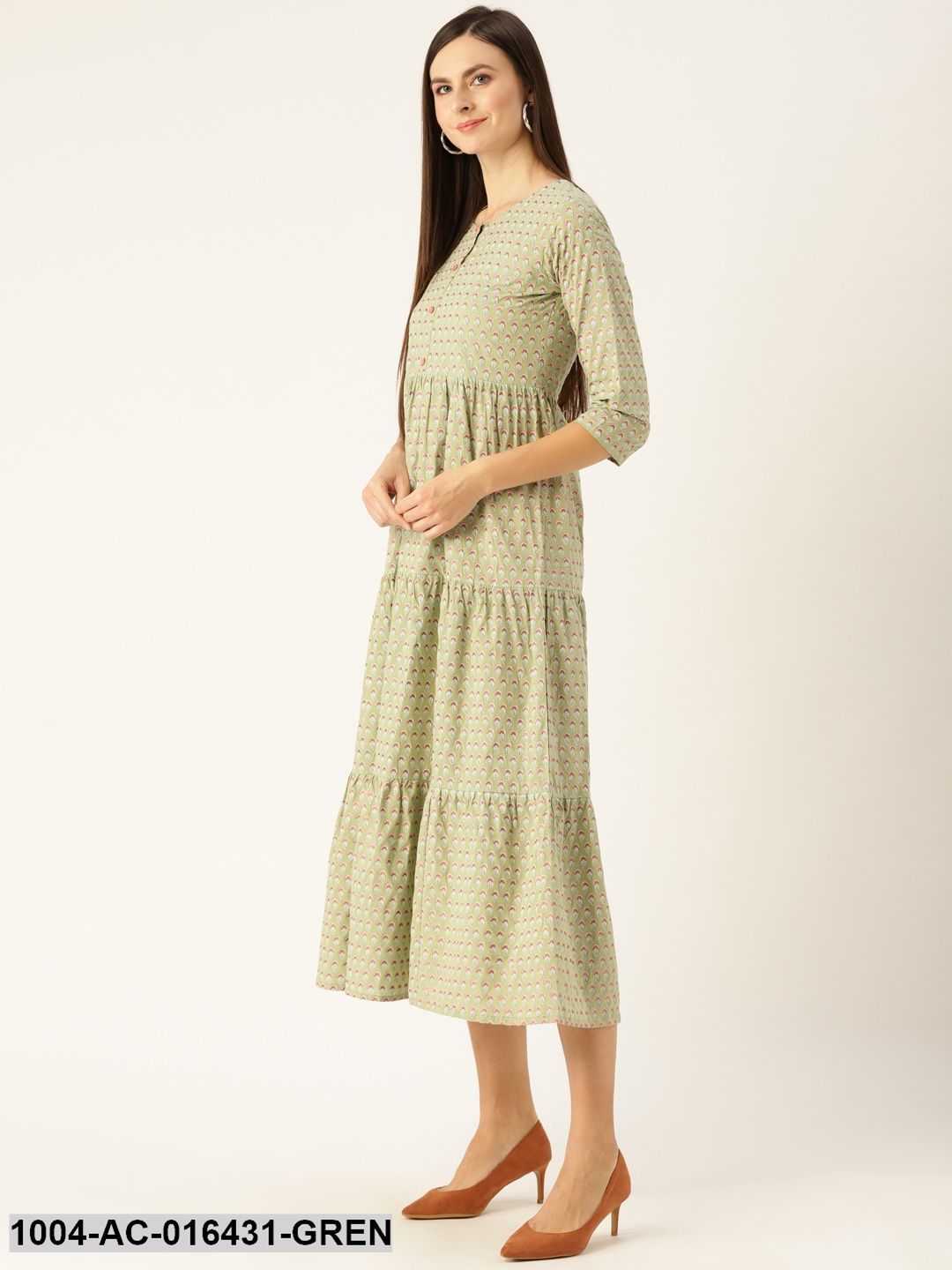 Green Ethnic Motifs Printed Round Neck Cotton Maxi Dress