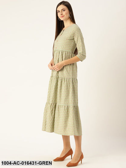 Green Ethnic Motifs Printed Round Neck Cotton Maxi Dress