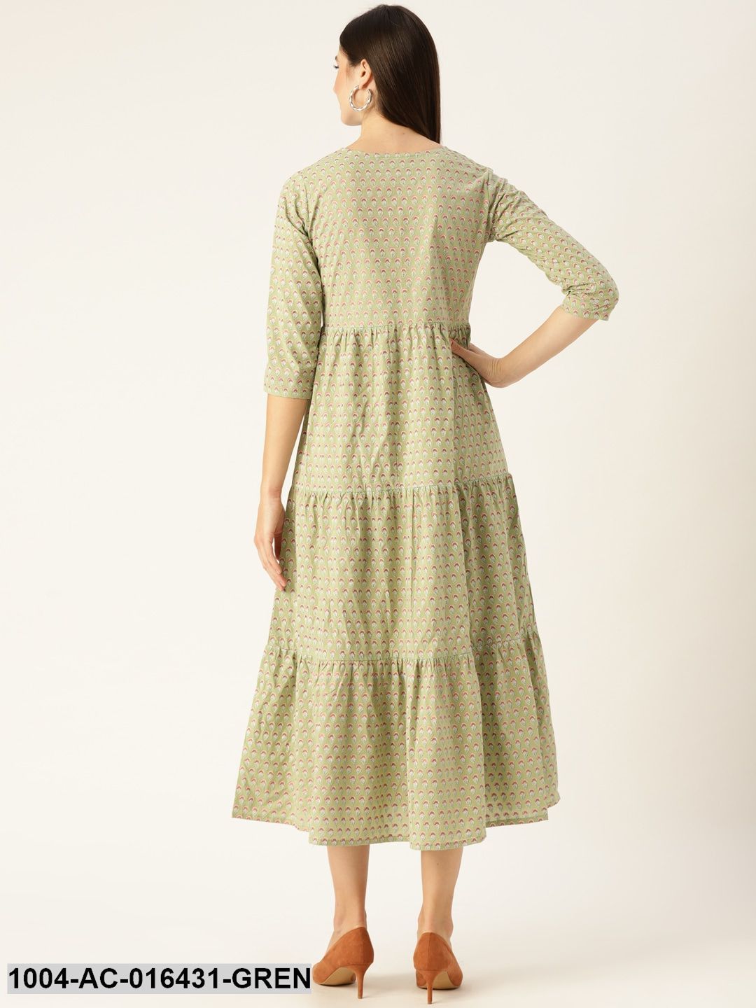 Green Ethnic Motifs Printed Round Neck Cotton Maxi Dress