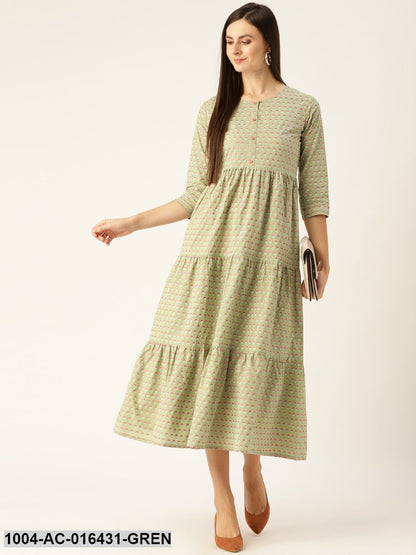 Green Ethnic Motifs Printed Round Neck Cotton Maxi Dress