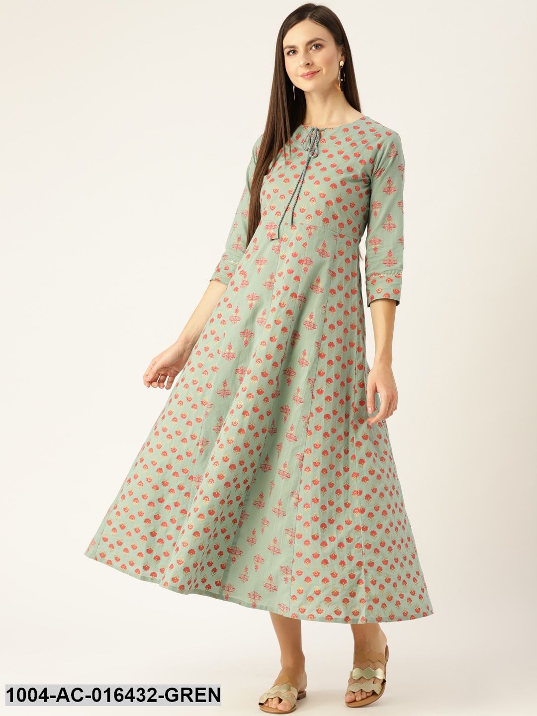 Metalic Green Ethnic Motifs Printed Round Neck Cotton Maxi Dress