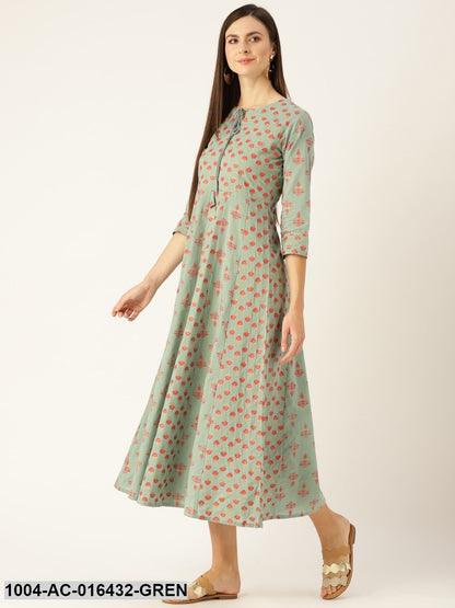 Metalic Green Ethnic Motifs Printed Round Neck Cotton Maxi Dress