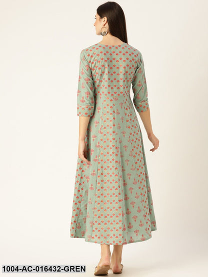Metalic Green Ethnic Motifs Printed Round Neck Cotton Maxi Dress