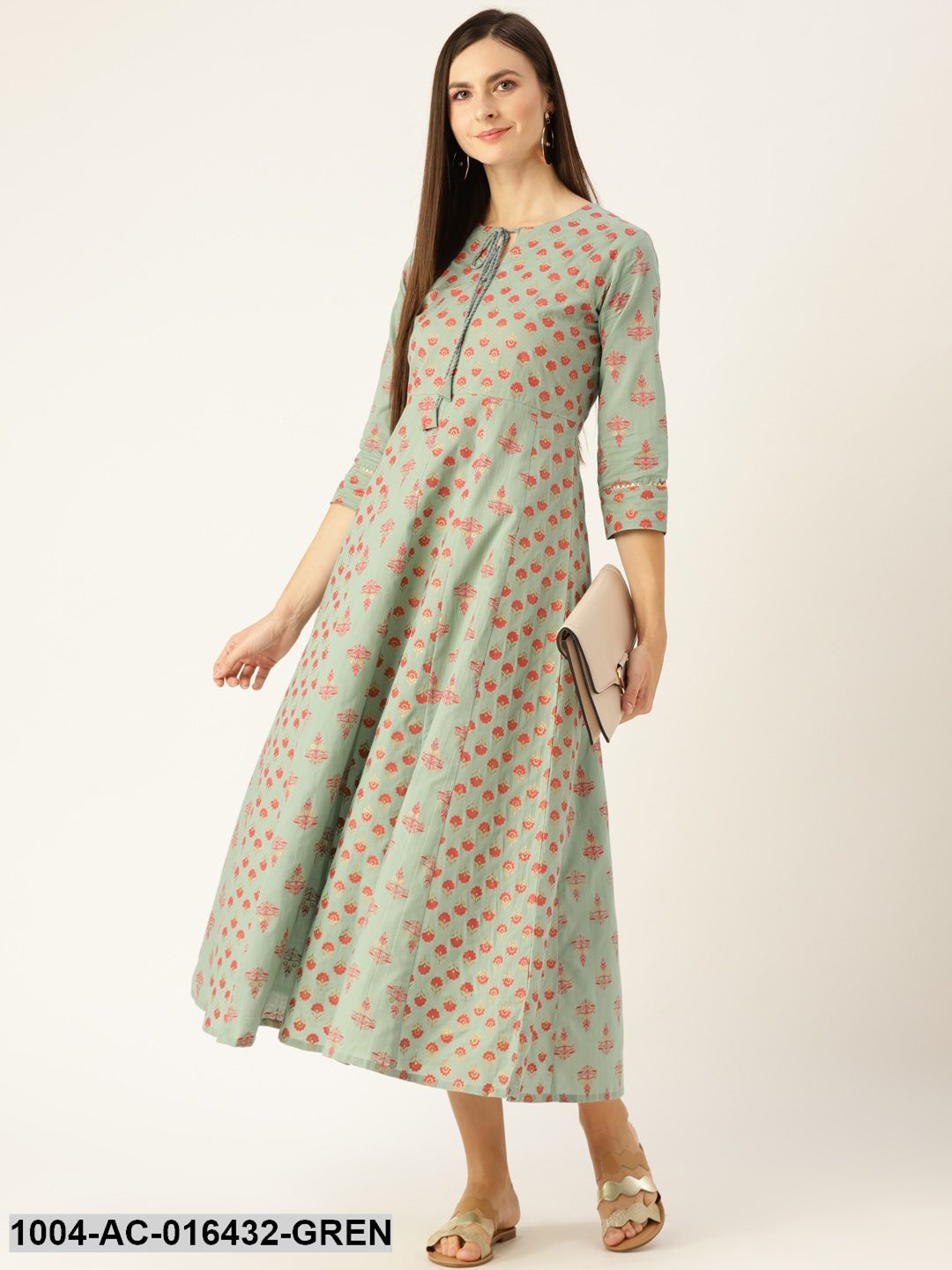 Metalic Green Ethnic Motifs Printed Round Neck Cotton Maxi Dress