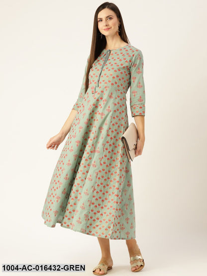 Metalic Green Ethnic Motifs Printed Round Neck Cotton Maxi Dress
