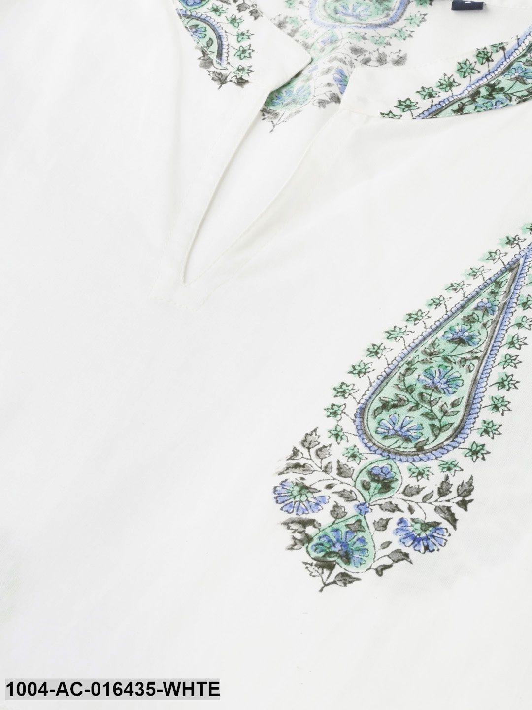 White Floral Printed Mandarin Collar Cotton Maxi Dress