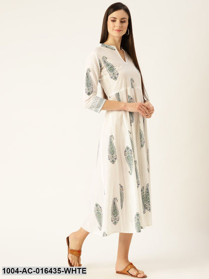 White Floral Printed Mandarin Collar Cotton Maxi Dress
