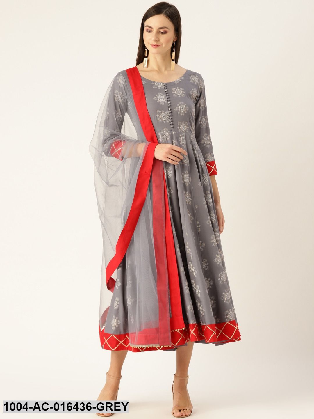 Grey Ethnic Motifs Printed Round Neck Viscose Rayon A-Line Dress