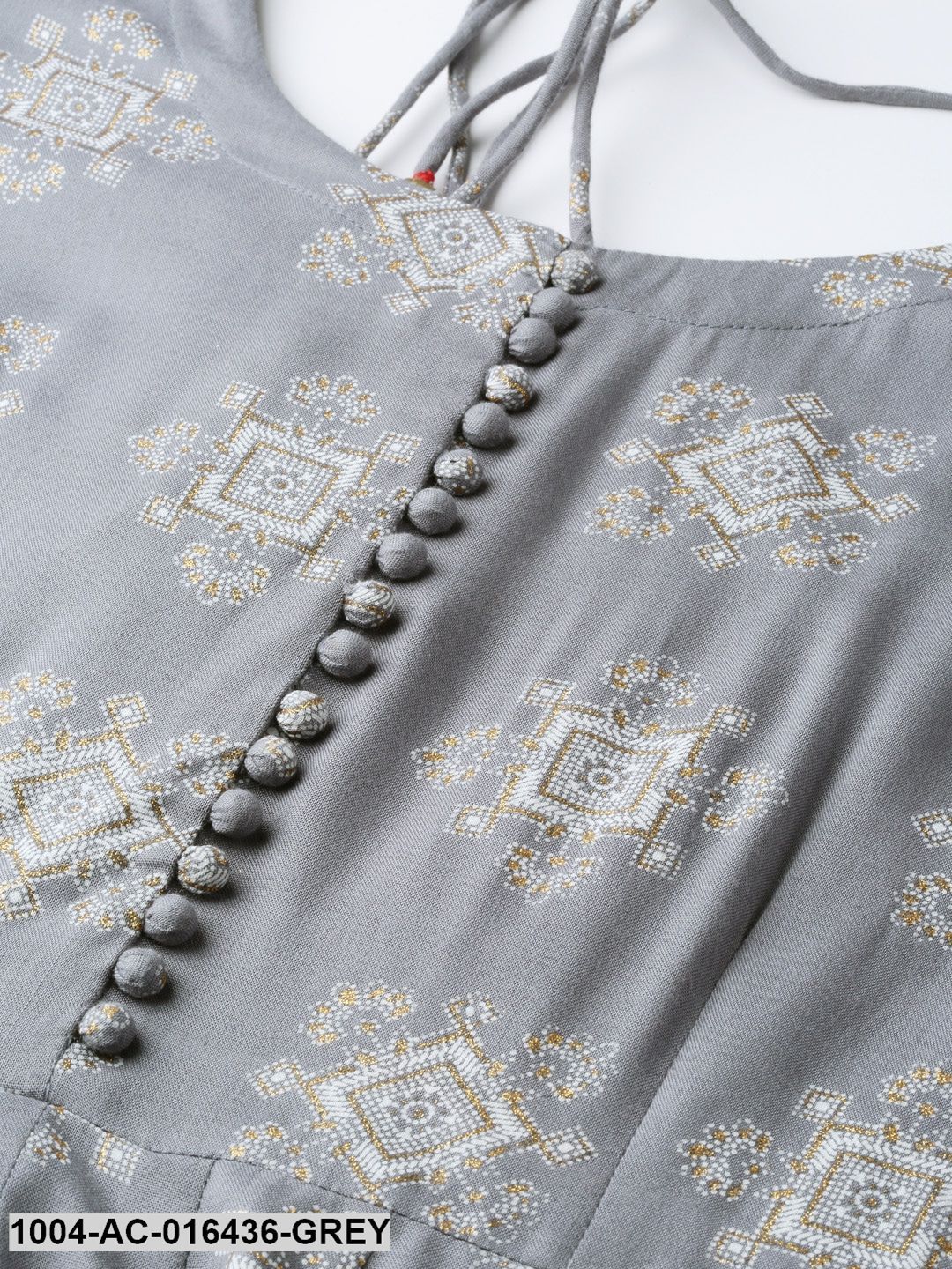 Grey Ethnic Motifs Printed Round Neck Viscose Rayon A-Line Dress