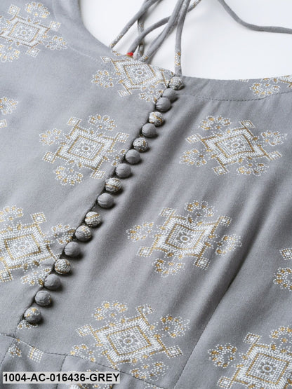 Grey Ethnic Motifs Printed Round Neck Viscose Rayon A-Line Dress