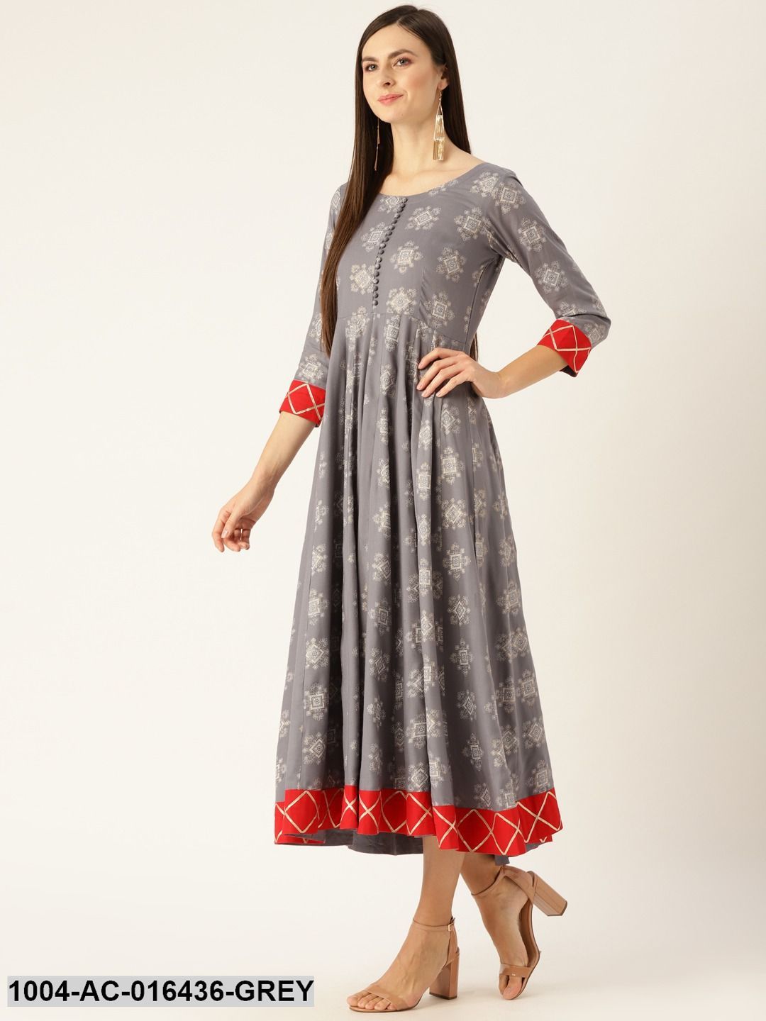 Grey Ethnic Motifs Printed Round Neck Viscose Rayon A-Line Dress