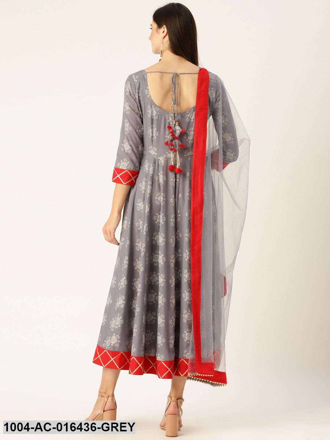 Grey Ethnic Motifs Printed Round Neck Viscose Rayon A-Line Dress