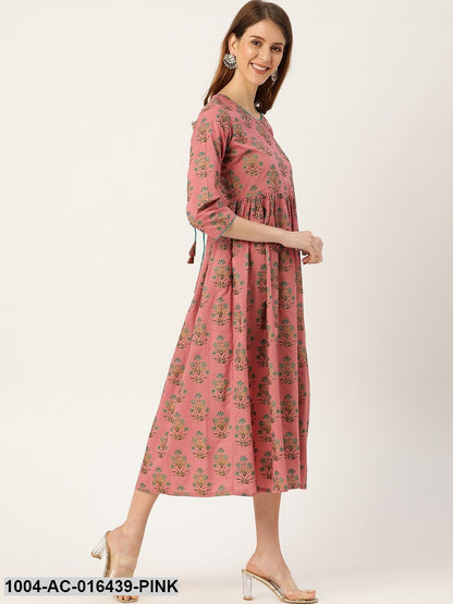 Pink Ethnic Motifs Printed Square Neck Cotton Maxi Dress