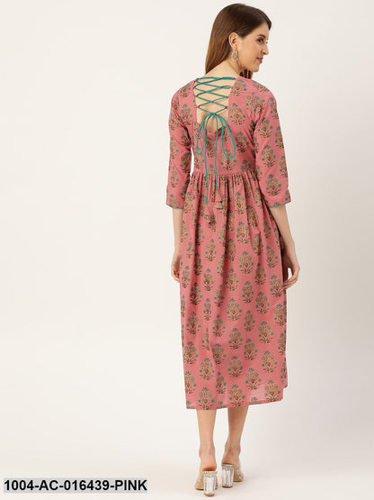 Pink Ethnic Motifs Printed Square Neck Cotton Maxi Dress