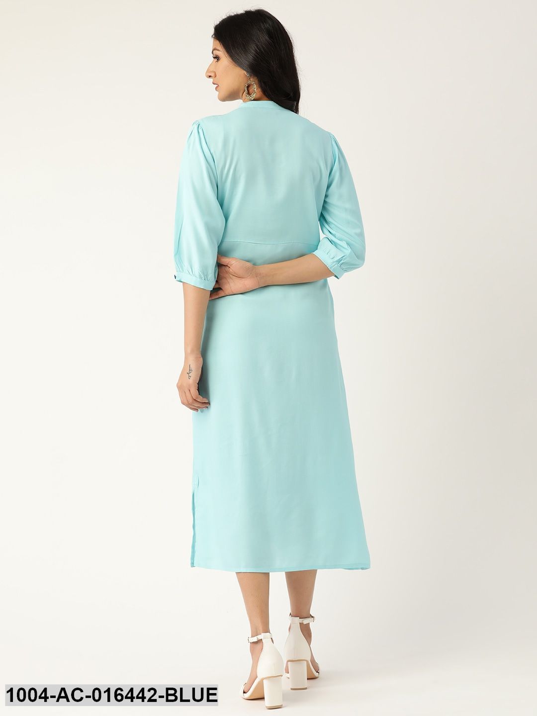 Blue Solid Solid Mandarin Collar Viscose Rayon A-Line Dress