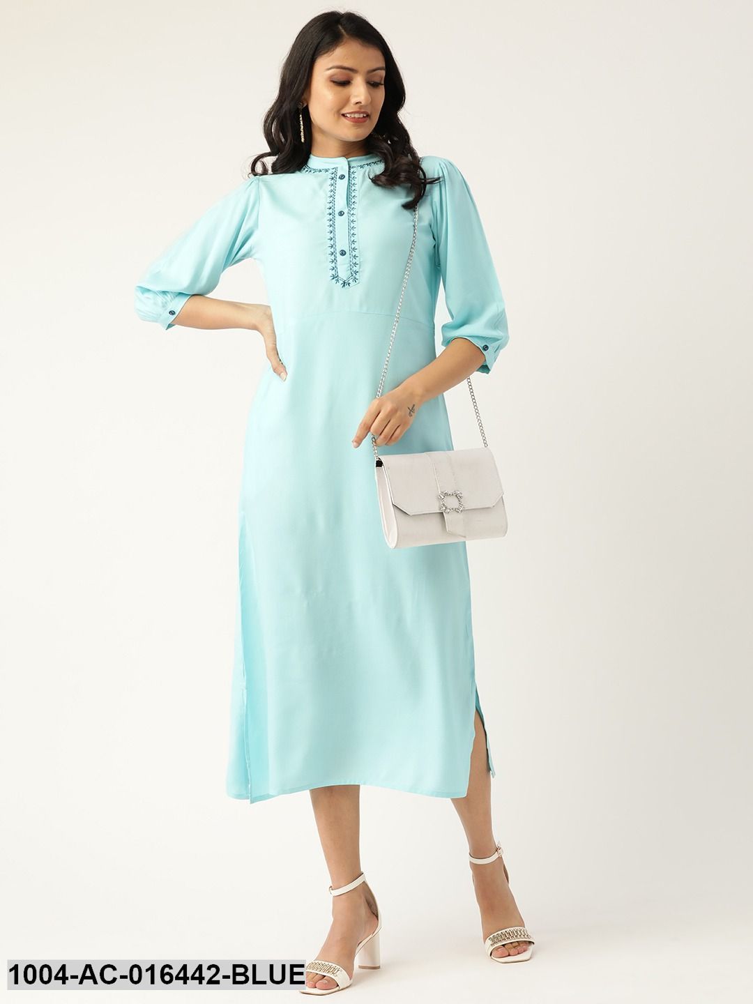 Blue Solid Solid Mandarin Collar Viscose Rayon A-Line Dress