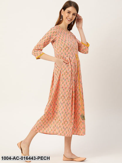 Peach Ethnic Motifs Printed Round Neck Cotton Maxi Dress