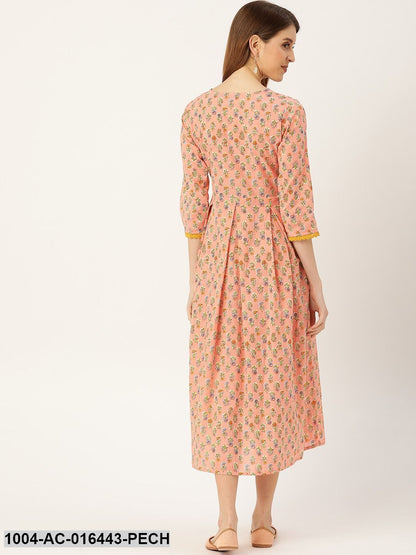 Peach Ethnic Motifs Printed Round Neck Cotton Maxi Dress