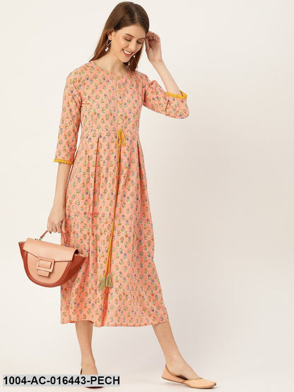 Peach Ethnic Motifs Printed Round Neck Cotton Maxi Dress