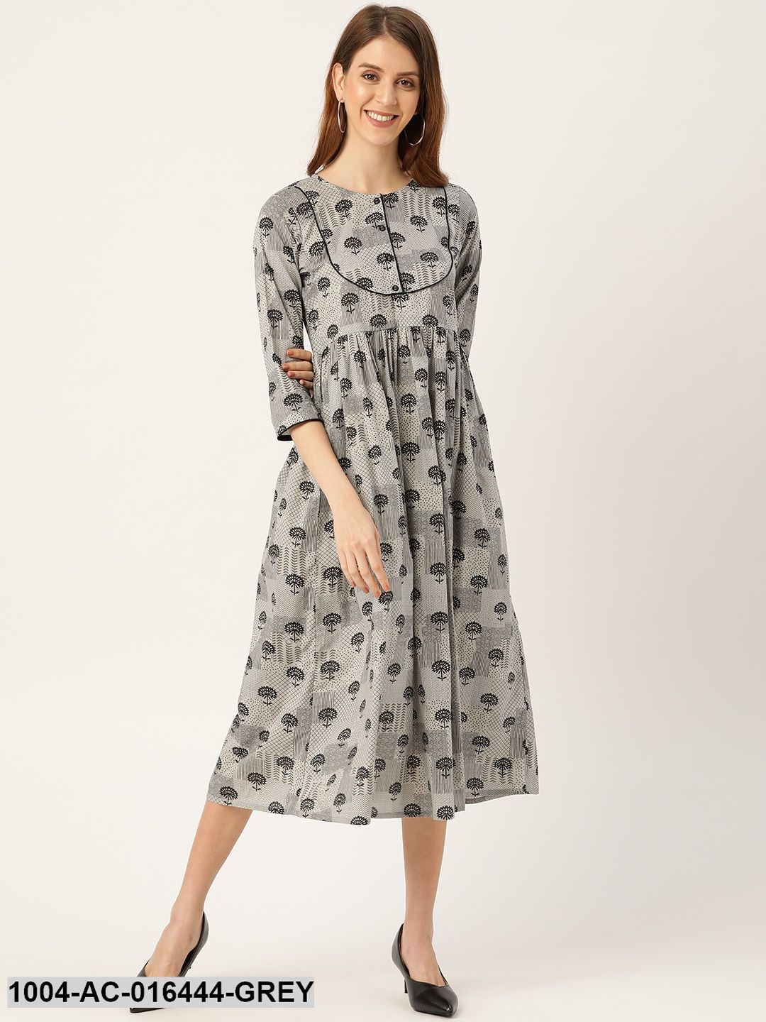 Grey Floral Printed Round Neck Cotton A-Line Dress