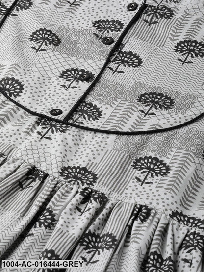 Grey Floral Printed Round Neck Cotton A-Line Dress
