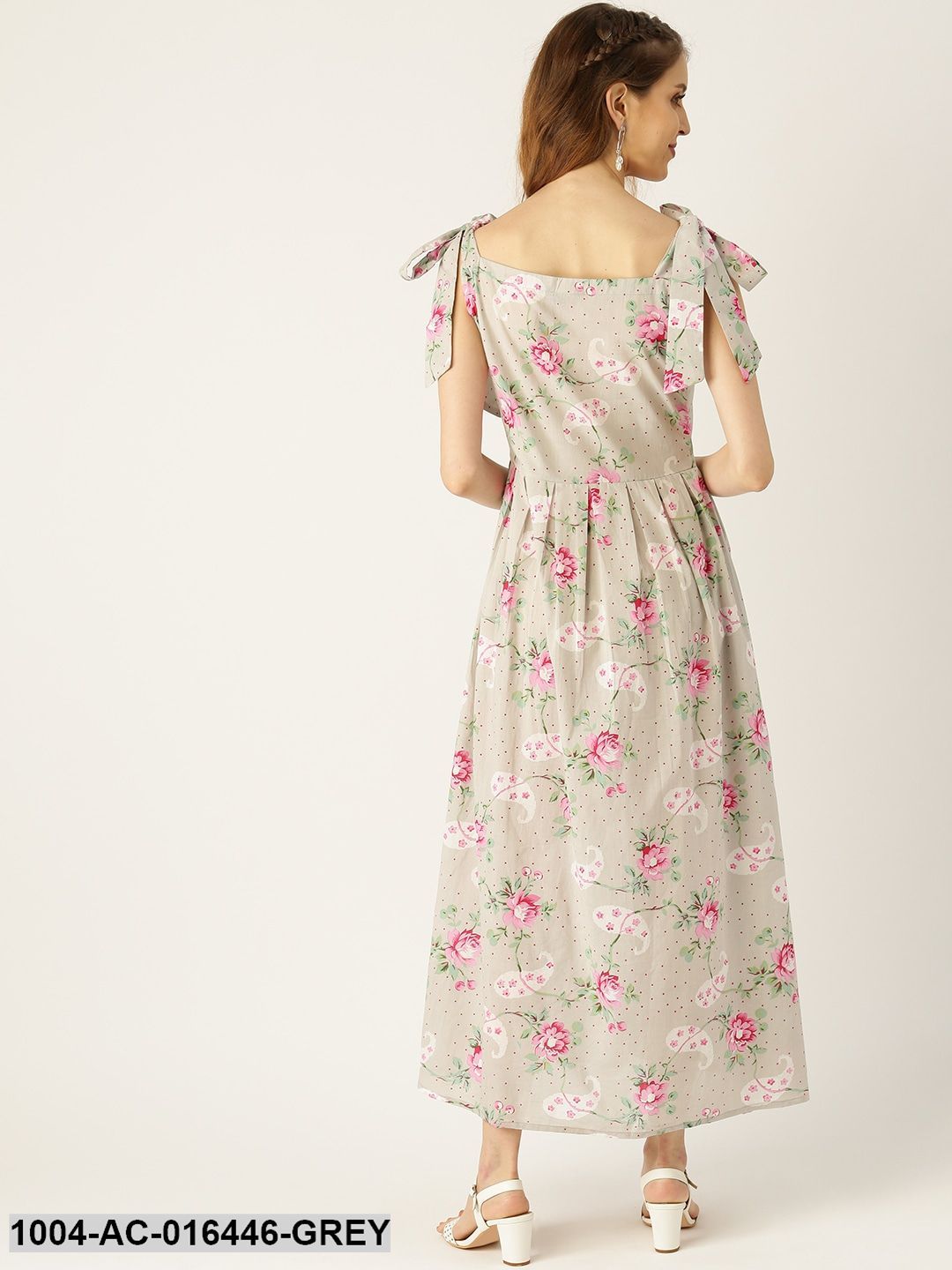 Grey Floral Printed Halter Neck Cotton Fit and Flare Dress