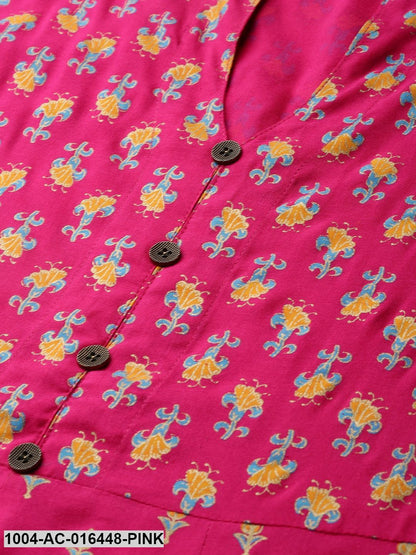 Pink Floral Printed Mandarin Collar Viscose Rayon Fit and Flare Dress