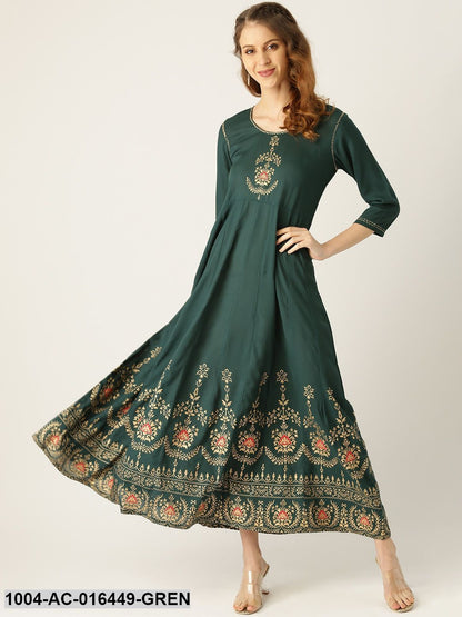 Green Solid Solid Round Neck Viscose Rayon Fit and Flare Dress