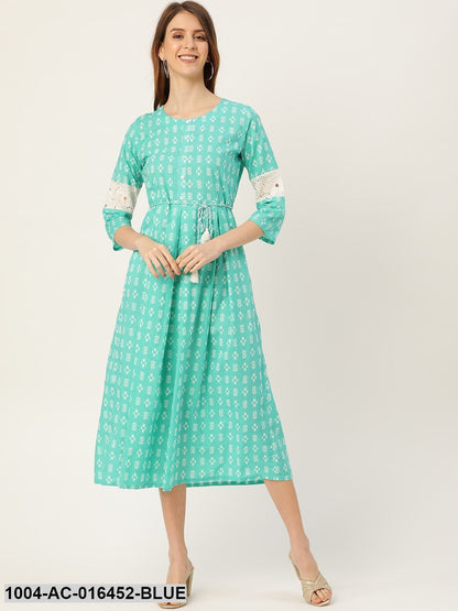 Blue Ethnic Motifs Printed Round Neck Cotton A-Line Dress