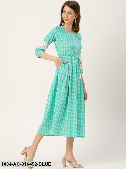 Blue Ethnic Motifs Printed Round Neck Cotton A-Line Dress