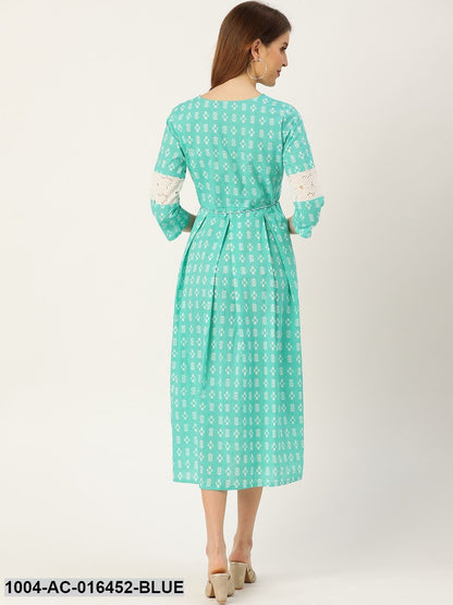 Blue Ethnic Motifs Printed Round Neck Cotton A-Line Dress
