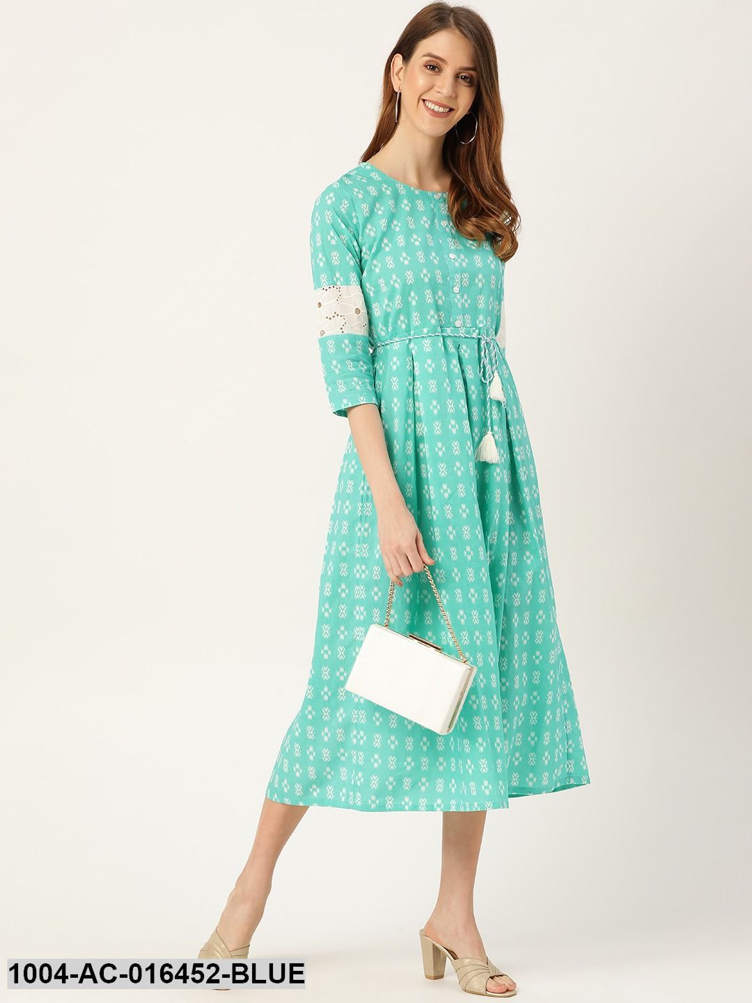 Blue Ethnic Motifs Printed Round Neck Cotton A-Line Dress