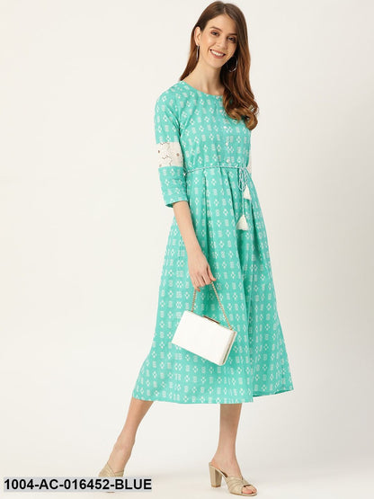 Blue Ethnic Motifs Printed Round Neck Cotton A-Line Dress