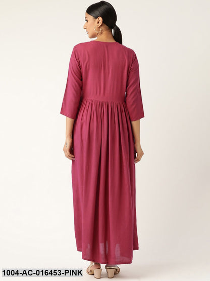 Pink Solid Solid Keyhole Neck Viscose Rayon Fit and Flare Dress