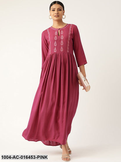 Pink Solid Solid Keyhole Neck Viscose Rayon Fit and Flare Dress