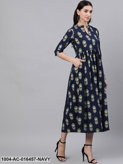 Navy Blue Ethnic Motifs Printed Mandarin Collar Cotton Maxi Dress