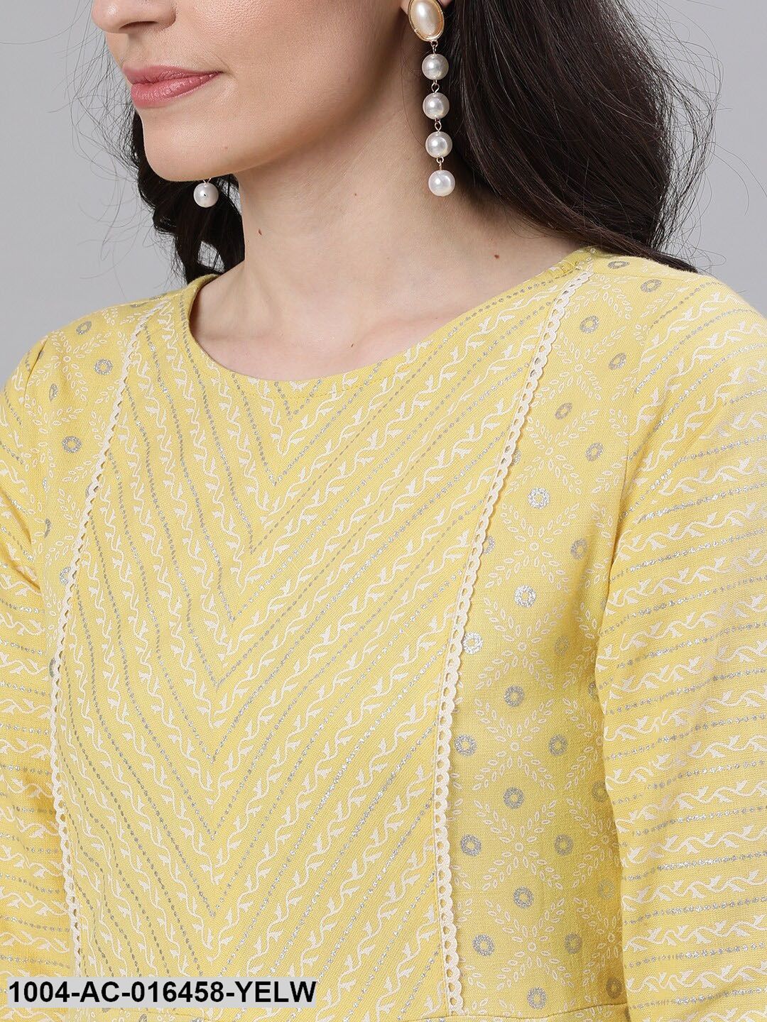 Lemon Yellow Ethnic Motifs Printed Round Neck Cotton Maxi Dress