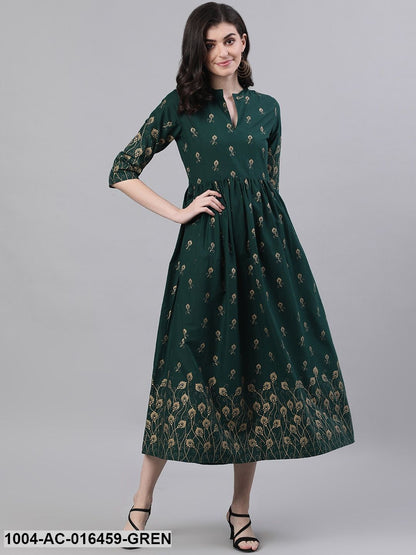 Green Ethnic Motifs Printed Mandarin Collar Cotton Maxi Dress