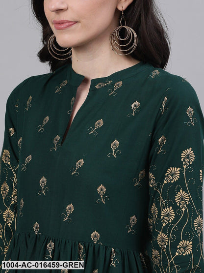Green Ethnic Motifs Printed Mandarin Collar Cotton Maxi Dress