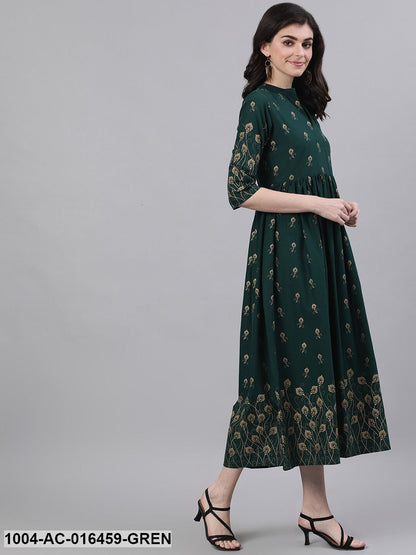 Green Ethnic Motifs Printed Mandarin Collar Cotton Maxi Dress