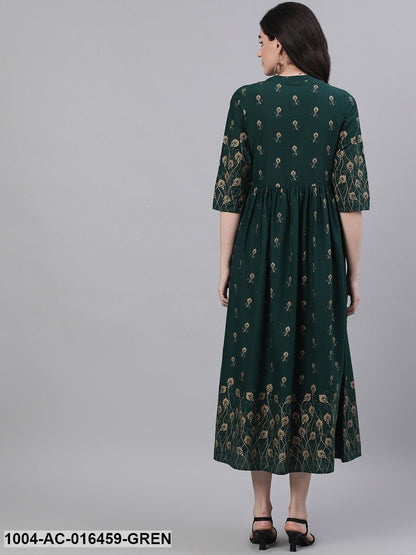 Green Ethnic Motifs Printed Mandarin Collar Cotton Maxi Dress