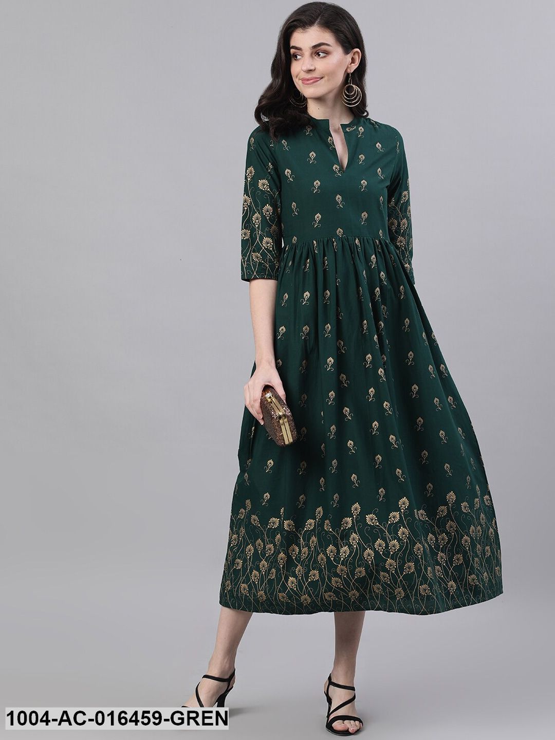 Green Ethnic Motifs Printed Mandarin Collar Cotton Maxi Dress