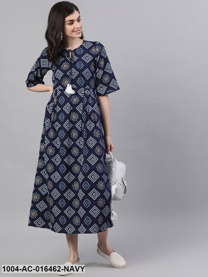 Navy Blue Geometric Printed Tie-Up Neck Cotton Maxi Dress