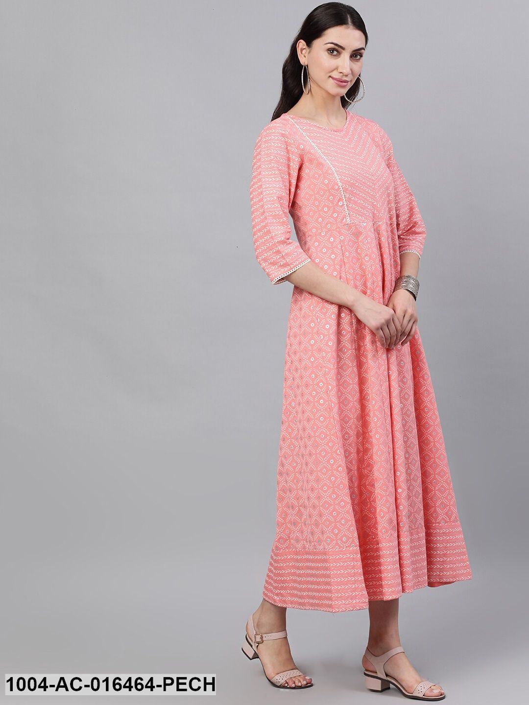 Pink Ethnic Motifs Checked Round Neck Cotton Maxi Dress