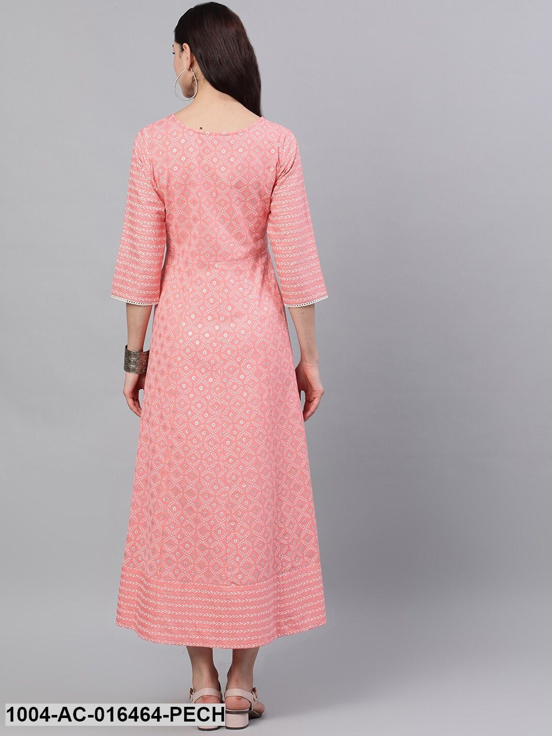 Pink Ethnic Motifs Checked Round Neck Cotton Maxi Dress