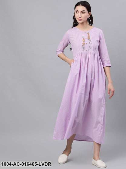 Lavender Solid Solid Round Neck Cotton Maxi Dress